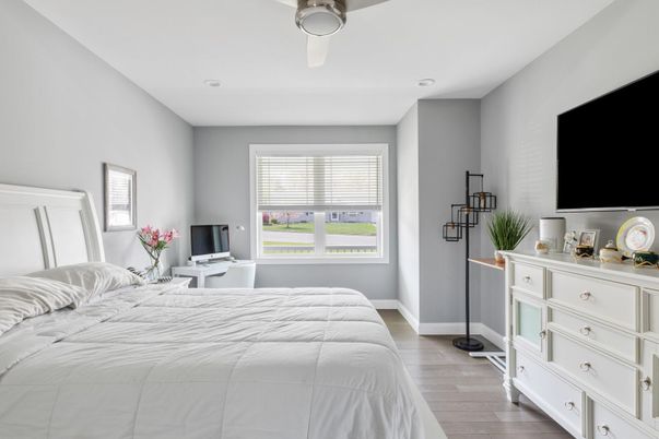 Bedroom, Interior, Recessed Lighting, Wood Texture Flooring