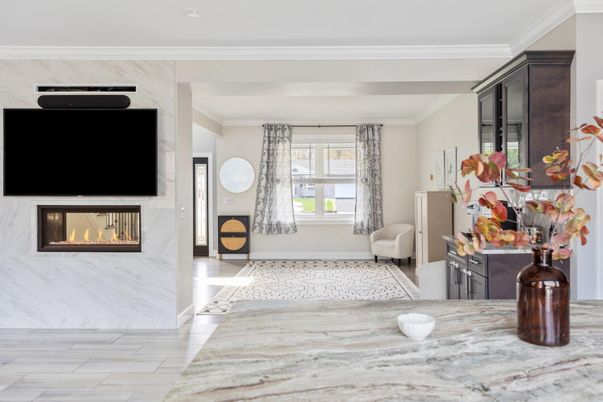 Fireplace, Interior, Marble, Marble Walls, Recessed Lighting, Wood Texture Flooring