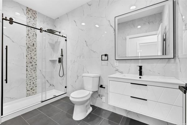 Bathroom, Glass Shower, Interior, Marble Walls, Recessed Lighting
