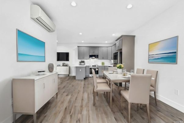 Dining room, Interior, Kitchen, Recessed Lighting, Stainless Steel Appliances, Wood Texture Flooring