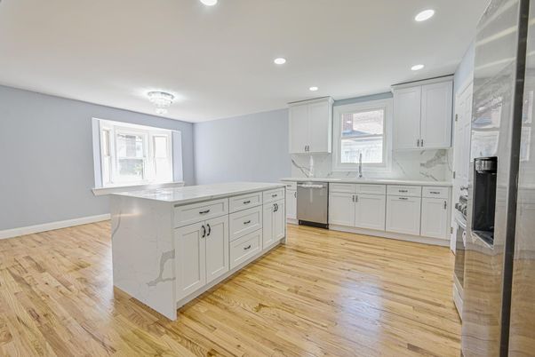 Interior, Kitchen, Marble Walls, Recessed Lighting, Wood Texture Flooring