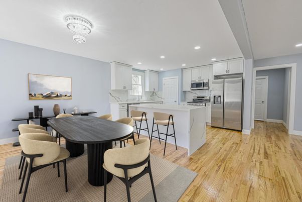 Dining room, Interior, Kitchen, Recessed Lighting, Stainless Steel Appliances, Wood Texture Flooring