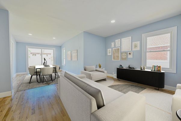 Dining room, Interior, Living room, Recessed Lighting, Wood Texture Flooring