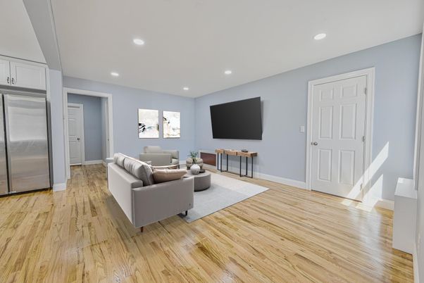 Interior, Living room, Recessed Lighting, Stainless Steel Appliances, Wood Texture Flooring