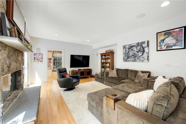 Fireplace, Interior, Living room, Recessed Lighting, Wood Texture Flooring