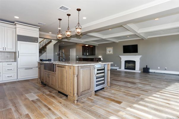 Fireplace, Interior, Kitchen, Pendant Lights, Recessed Lighting, Wood Texture Flooring