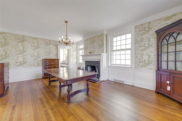 Chandelier, Fireplace, Home Office, Interior, Wood Texture Flooring