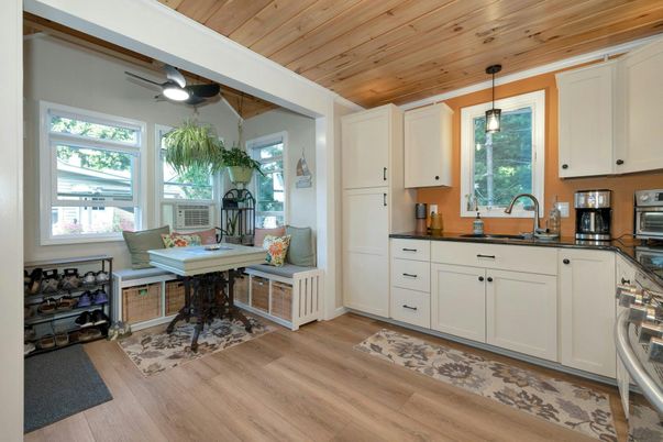 Interior, Kitchen, Living room, Pendant Lights, Wooden Ceilings, Wood Texture Flooring