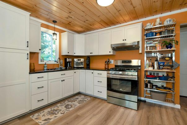 Interior, Kitchen, Pendant Lights, Stainless Steel Appliances, Wooden Ceilings, Wood Texture Flooring