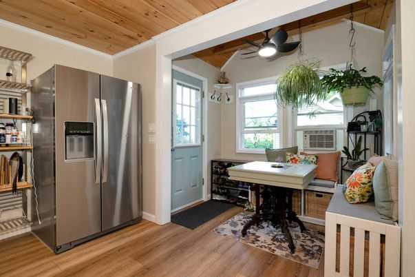 Dining room, Interior, Kitchen, Stainless Steel Appliances, Wooden Ceilings, Wood Texture Flooring