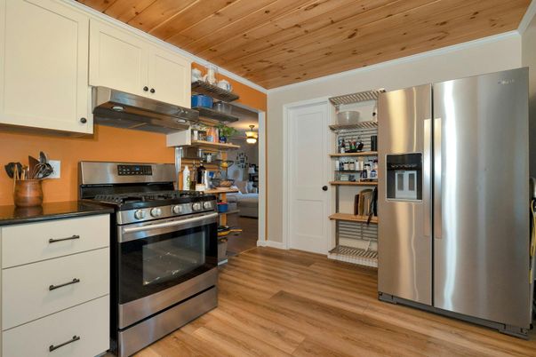 Interior, Kitchen, Stainless Steel Appliances, Wooden Ceilings, Wood Texture Flooring
