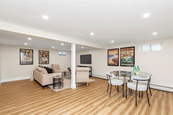 Dining room, Interior, Living room, Recessed Lighting, Wood Texture Flooring