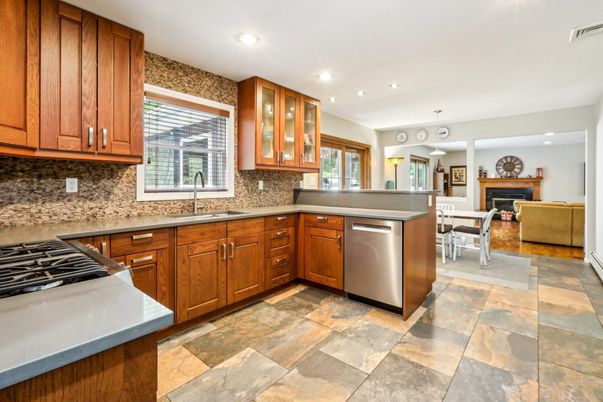 Dining room, Fireplace, Interior, Kitchen, Recessed Lighting, Stainless Steel Appliances