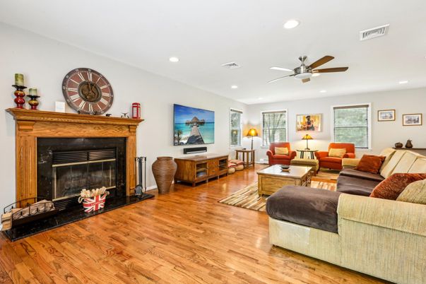 Fireplace, Interior, Living room, Recessed Lighting, Wood Texture Flooring