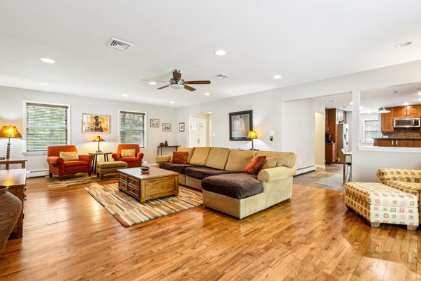 Interior, Kitchen, Living room, Recessed Lighting, Stainless Steel Appliances, Wood Texture Flooring