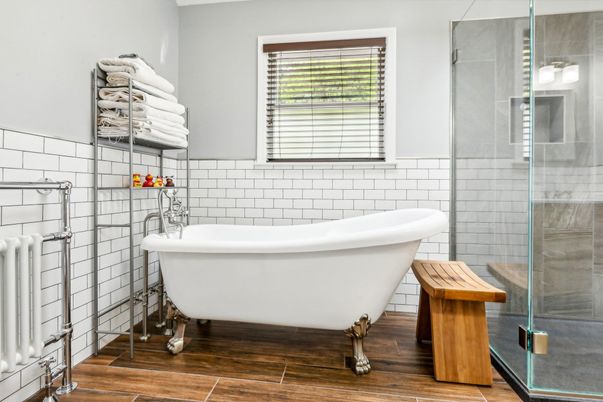 Bathroom, Free Standing Baths, Glass Shower, Interior, Wood Texture Flooring