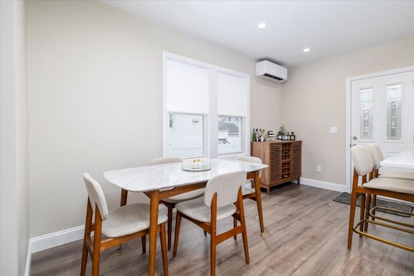 Dining room, Interior, Recessed Lighting, Wood Texture Flooring