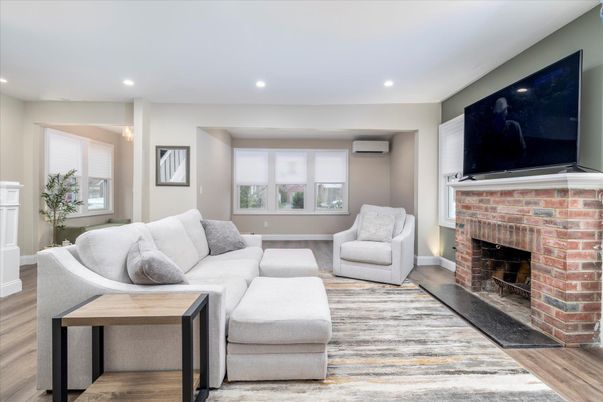 Fireplace, Interior, Living room, Recessed Lighting, Wood Texture Flooring