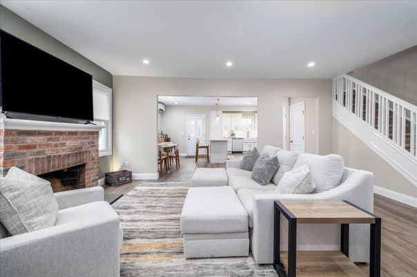 Dining room, Fireplace, Interior, Kitchen, Living room, Pendant Lights, Recessed Lighting, Wood Texture Flooring