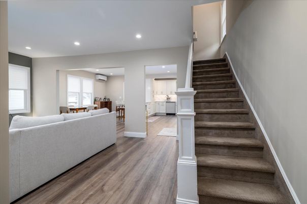 Dining room, Interior, Kitchen, Living room, Recessed Lighting, Wood Texture Flooring
