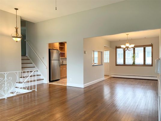 Chandelier, Empty room, Interior, Kitchen, Pendant Lights, Wood Texture Flooring