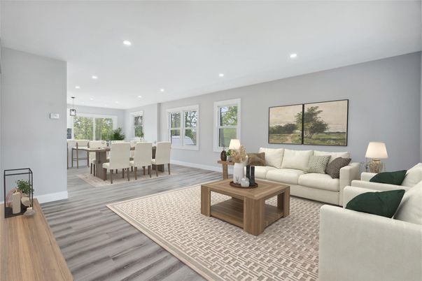 Dining room, Interior, Living room, Pendant Lights, Recessed Lighting, Wood Texture Flooring