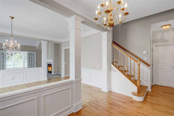 Chandelier, Empty room, Fireplace, Interior, Wood Texture Flooring