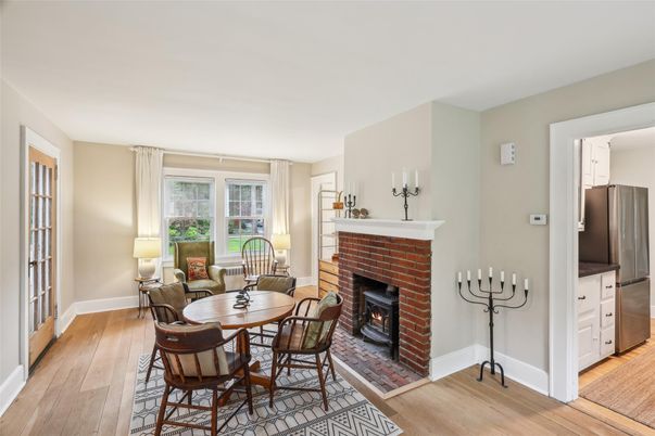 Dining room, Fireplace, Interior, Wood Texture Flooring