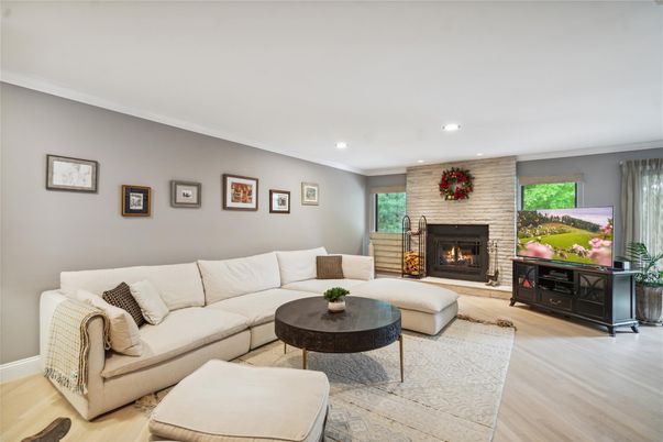 Fireplace, Interior, Living room, Recessed Lighting, Wood Texture Flooring