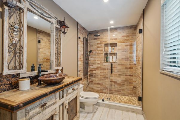 Bathroom, Glass Shower, Interior, Recessed Lighting, Stone Walls