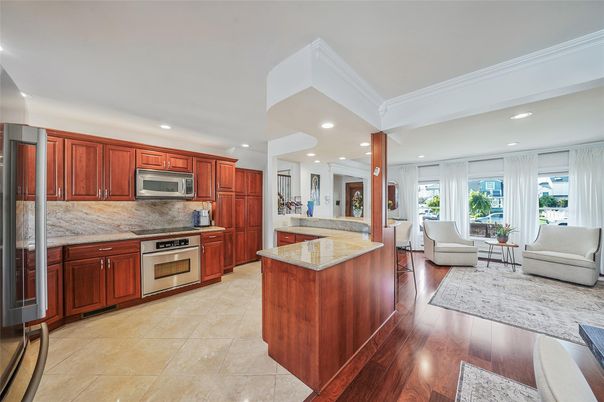 Interior, Kitchen, Living room, Recessed Lighting, Stainless Steel Appliances, Wood Texture Flooring