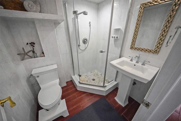 Bathroom, Glass Shower, Interior, Wood Texture Flooring
