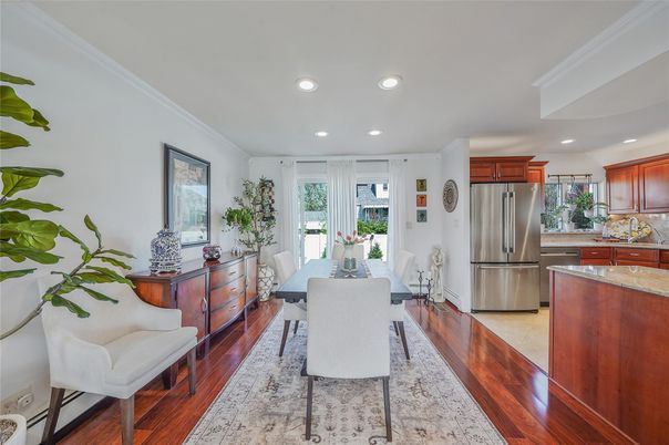 Dining room, Interior, Kitchen, Recessed Lighting, Stainless Steel Appliances, Wood Texture Flooring
