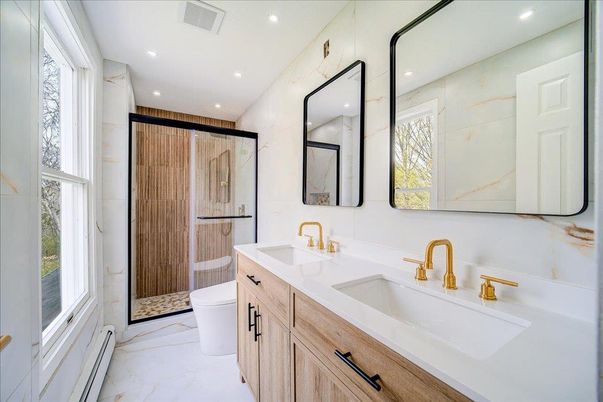Bathroom, Dual Sink Vanities, Glass Shower, Interior, Marble, Recessed Lighting