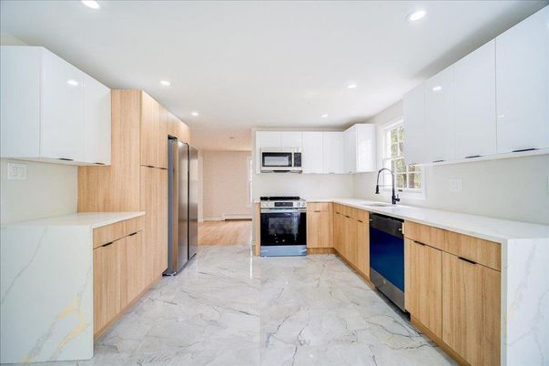 Interior, Kitchen, Marble, Recessed Lighting, Stainless Steel Appliances
