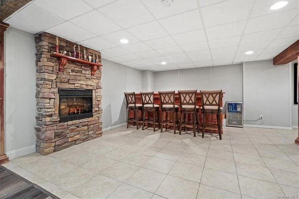Fireplace, Interior, Recessed Lighting, Stone Walls