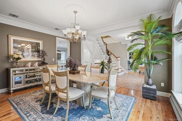 Chandelier, Dining room, Interior, Wood Texture Flooring