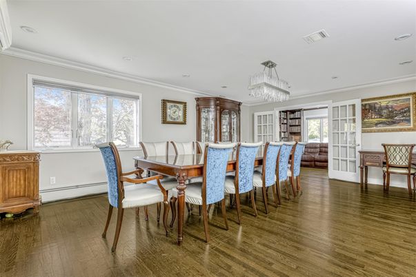 Dining room, Interior, Pendant Lights, Recessed Lighting, Wood Texture Flooring