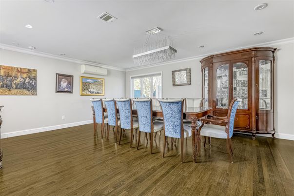 Dining room, Interior, Recessed Lighting, Wood Texture Flooring