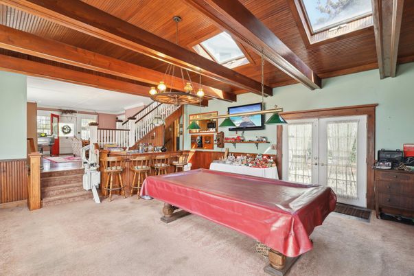 Billiard Table, Chandelier, Game Room, Interior, Pendant Lights, Wooden Beams