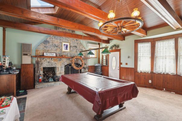 Billiard Table, Chandelier, Fireplace, Game Room, Interior, Stone Walls, Wooden Beams