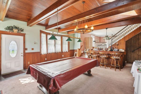 Billiard Table, Chandelier, Game Room, Interior, Pendant Lights, Wooden Beams, Wooden Walls