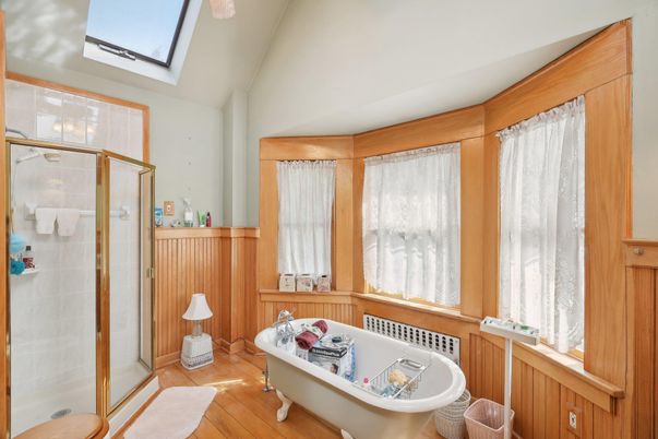 Bathroom, Free Standing Baths, Glass Shower, Interior, Wood Texture Flooring