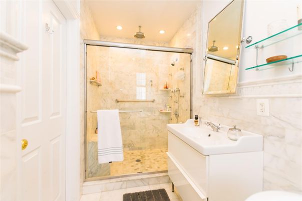 Bathroom, Glass Shower, Interior, Marble Walls, Recessed Lighting