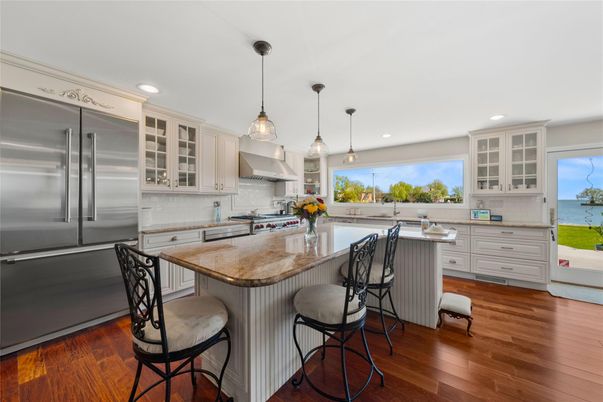 Interior, Kitchen, Pendant Lights, Recessed Lighting, Stainless Steel Appliances, Water, Wood Texture Flooring