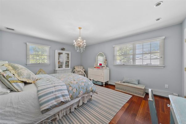 Bedroom, Chandelier, Interior, Recessed Lighting, Wood Texture Flooring