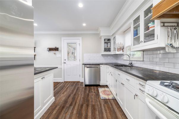 Interior, Kitchen, Recessed Lighting, Stainless Steel Appliances, Wood Texture Flooring