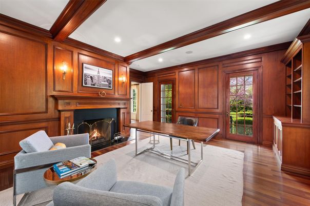 Fireplace, Home Office, Interior, Living room, Recessed Lighting, Wood Texture Flooring, Wooden Walls