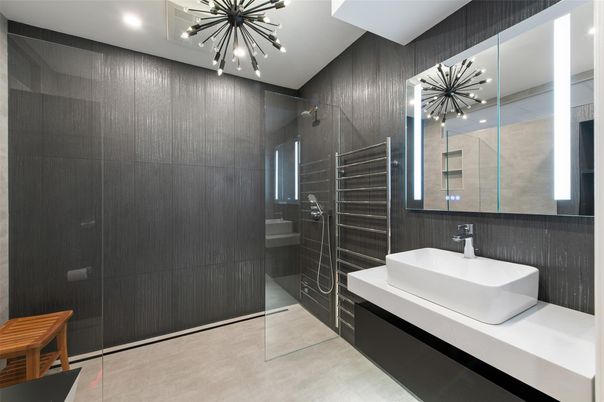 Bathroom, Glass Shower, Interior, Pendant Lights, Recessed Lighting