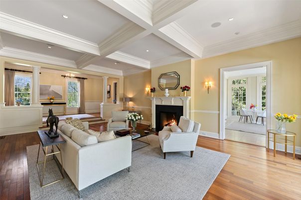 Dining room, Fireplace, Interior, Living room, Recessed Lighting, Wood Texture Flooring